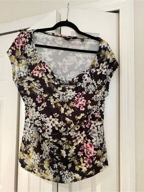Ted Baker Black Floral Scoop Neck Top with Pink & Yellow Accents